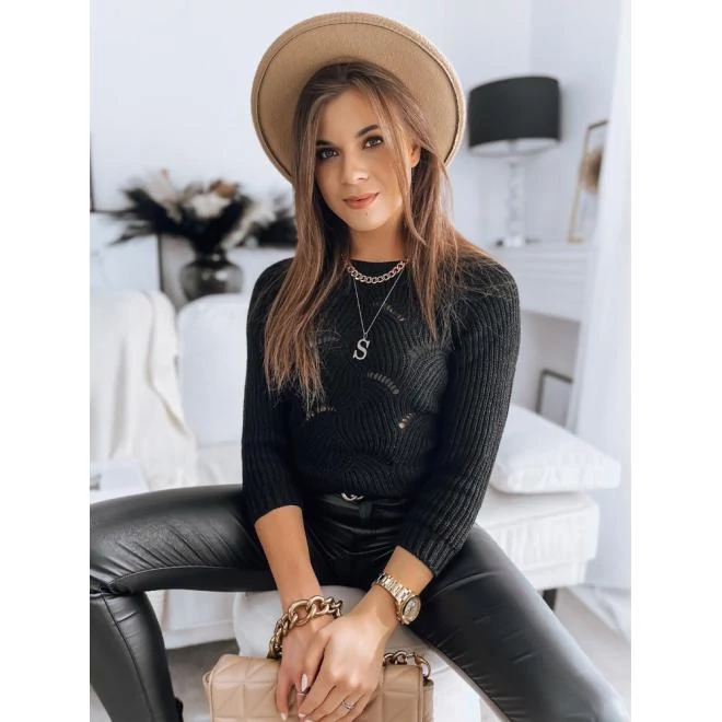 Női áttört pulóver, fekete színben