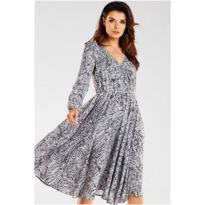 Női, fekete-fehér midi ruha, mintával