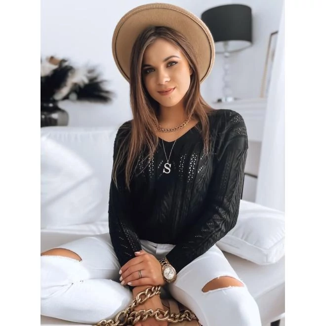 Női pulóver, áttört mintával, fekete színben