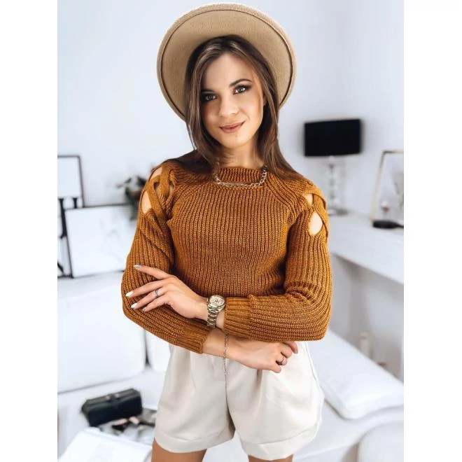 Mustár barna női pulóver, kivágásokkal