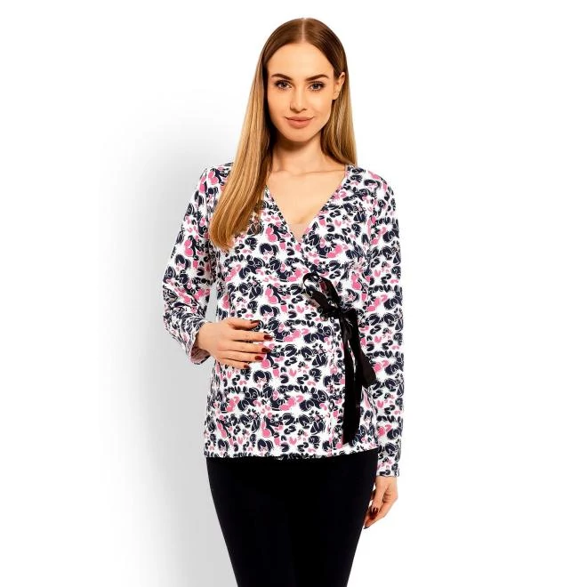 Kismama blúz színes motívummal, masnival, fehér színben