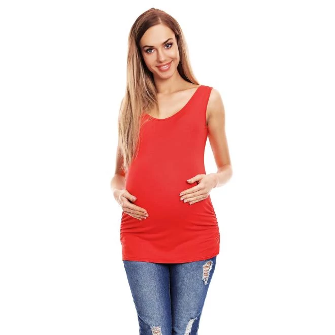 Korall színű, ujjatlan kismama blúz, oldalán fodrokkal