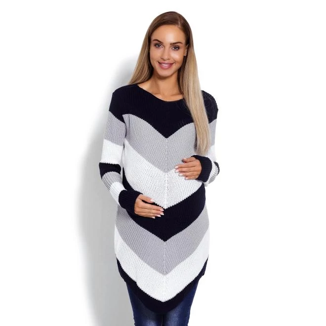 Sötétkék színű, lekerekített, hosszú kismama pulóver, átlós csíkokkal