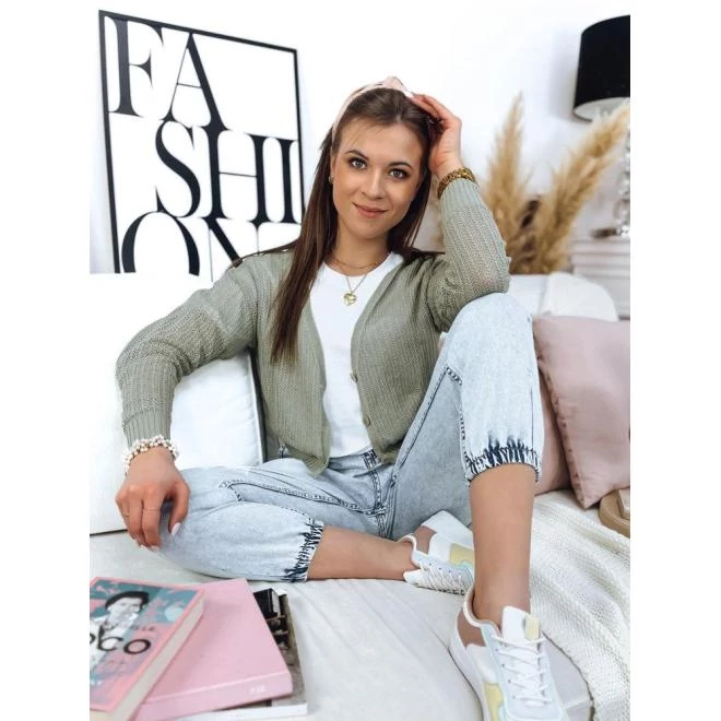 Áttört női pulóver, olíva zöld színben