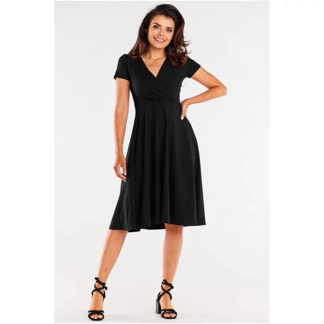 Fekete színű midi ruha, borítékos nyakkivágással