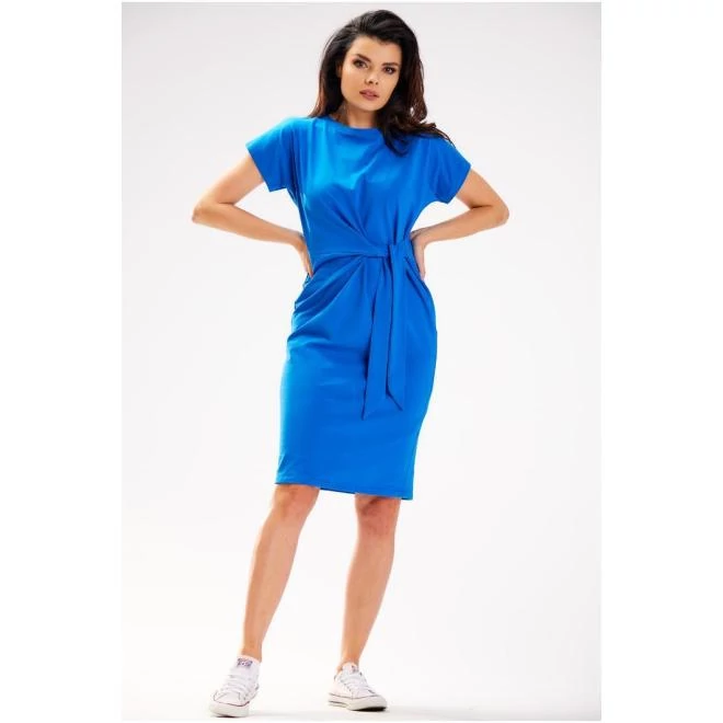 Kék színű, midi ruha, aszimmetrikus fűzőkkel