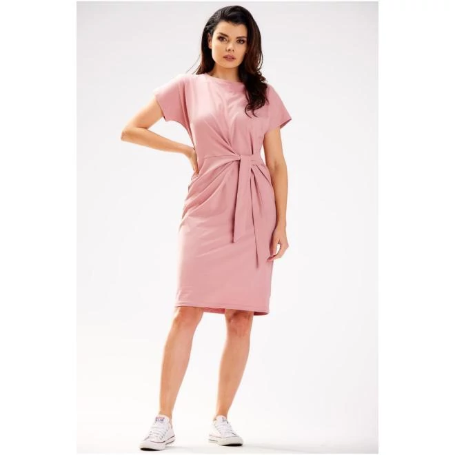 Rózsaszín színű, midi ruha, aszimmetrikus fűzőkkel