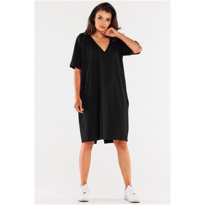 Oversize fekete ruha, V alakú nyakkivágással