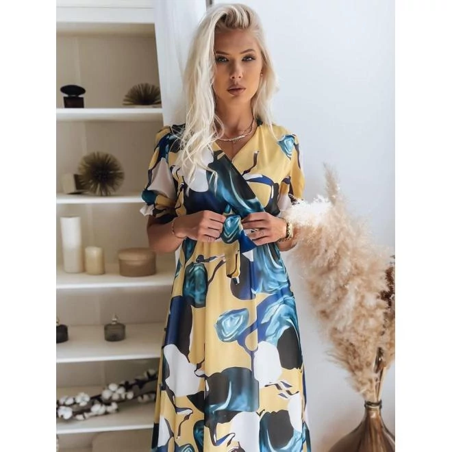 Sárga midi ruha, színes mintával