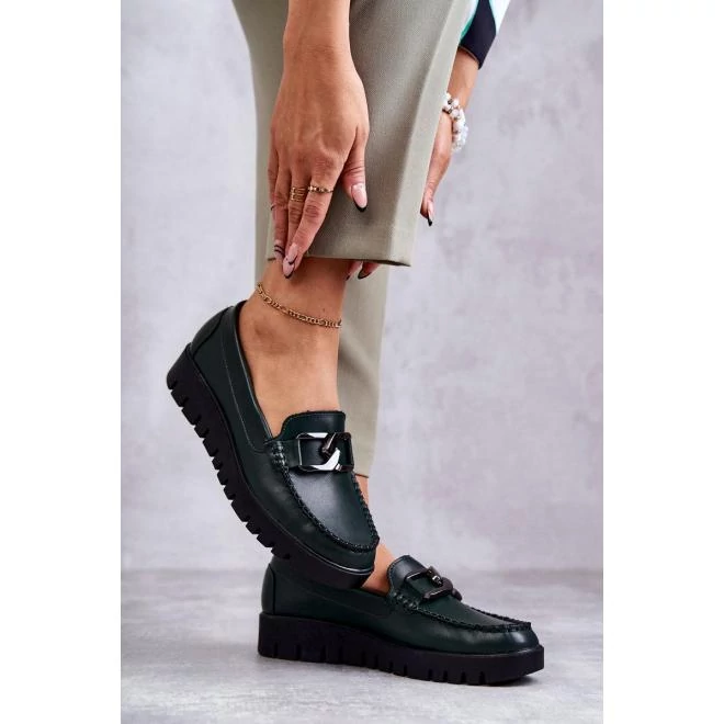 Női, zöld színű mokaszinok, platformmal