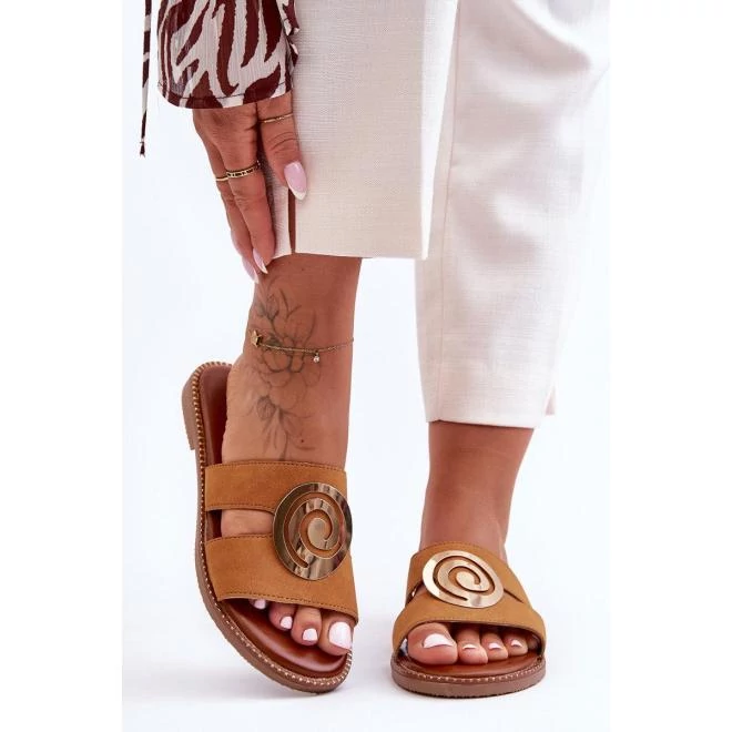 Barna színű, női papucs, tükör díszítéssel