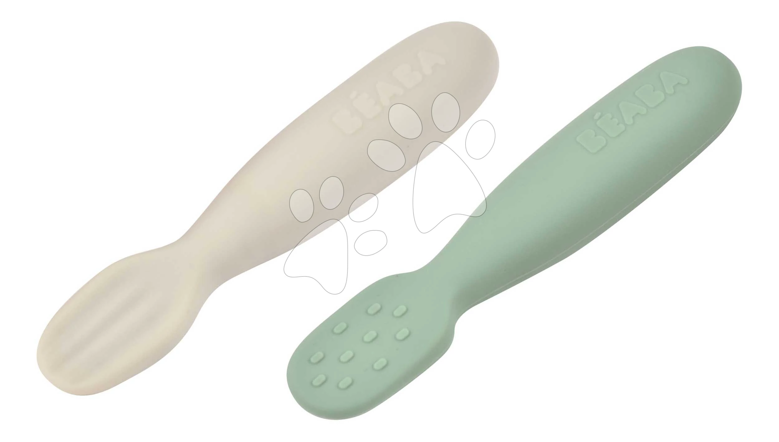 Ergonomikus gyakorlókanalak Silicone Pre-Spoons Sage Green Velvet Grey Beaba szilikonból önálló étkezéshez 2 db 4 hó-tól BE913578