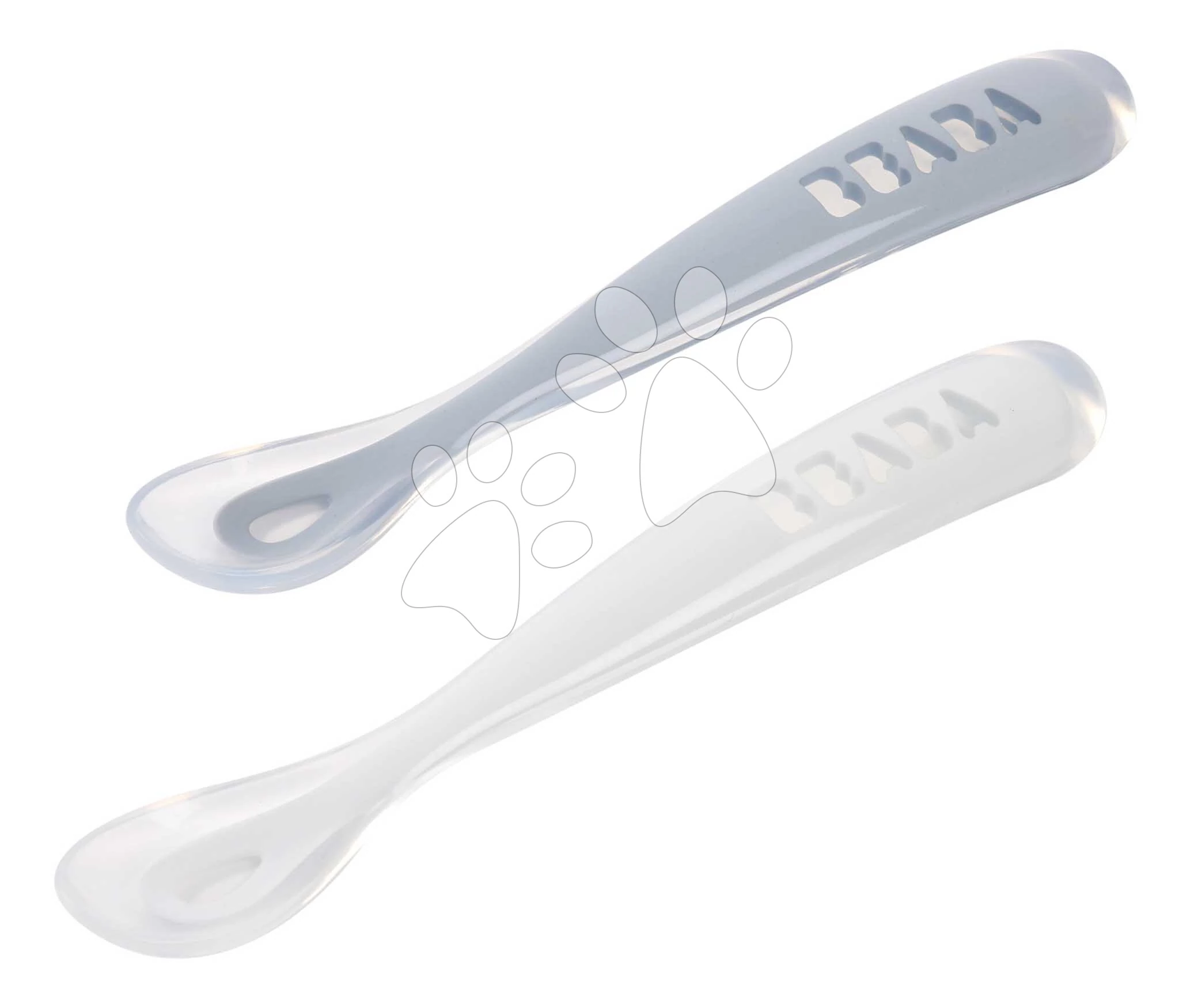 Első gyakorló kanalak First Age Silicone Spoons Pebble Cloud Blue Duo Beaba szilikonból önálló étkezéshez praktikus tárolóban 2 db kékes-fehér 4 hó-tól BE913620