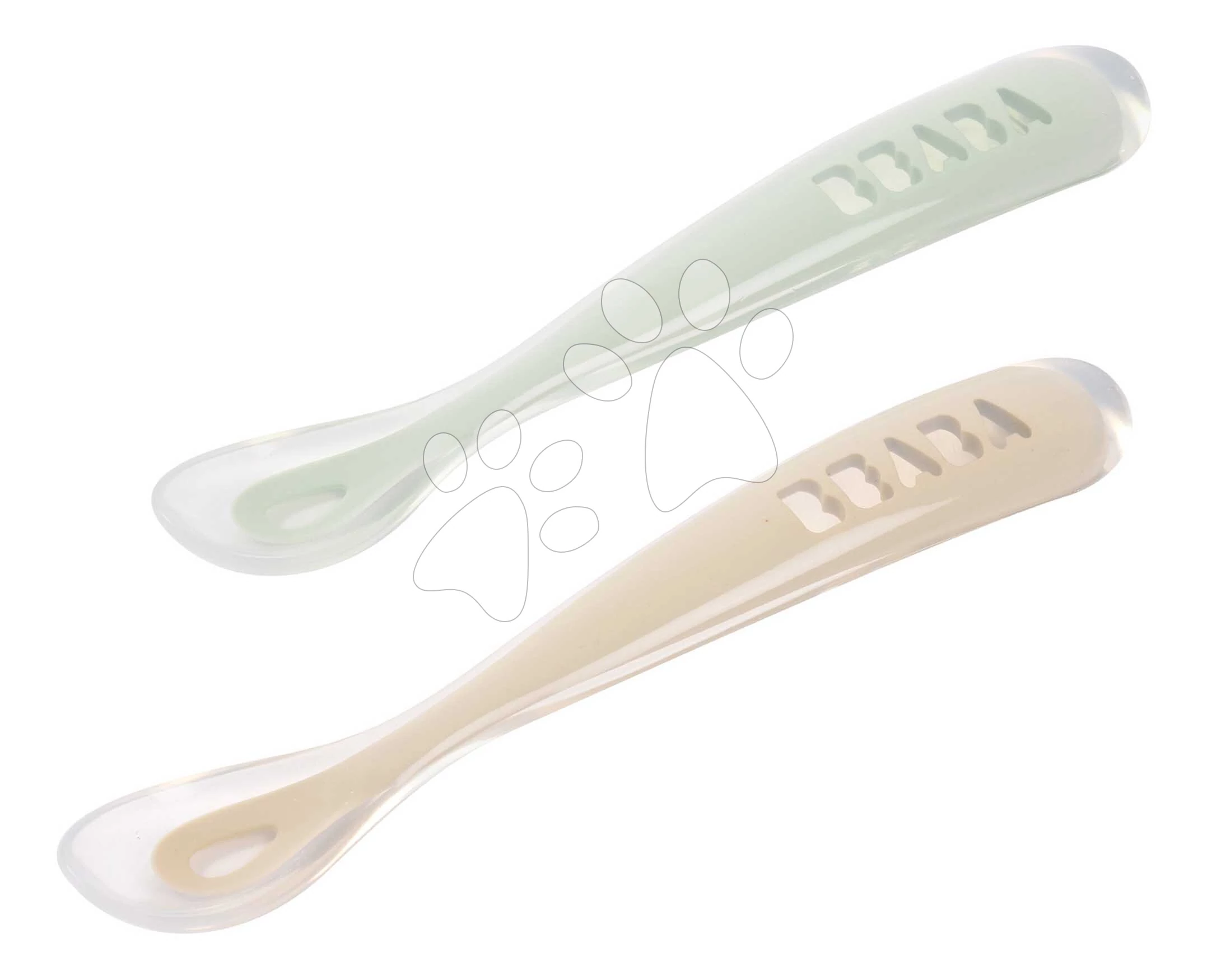 Első gyakorló kanalak First Age Silicone Spoons Clay Misty Green Duo Beaba szilikonból önálló étkezéshez praktikus tárolóban 2 db barnás-zöld 4 hó-tól BE913622