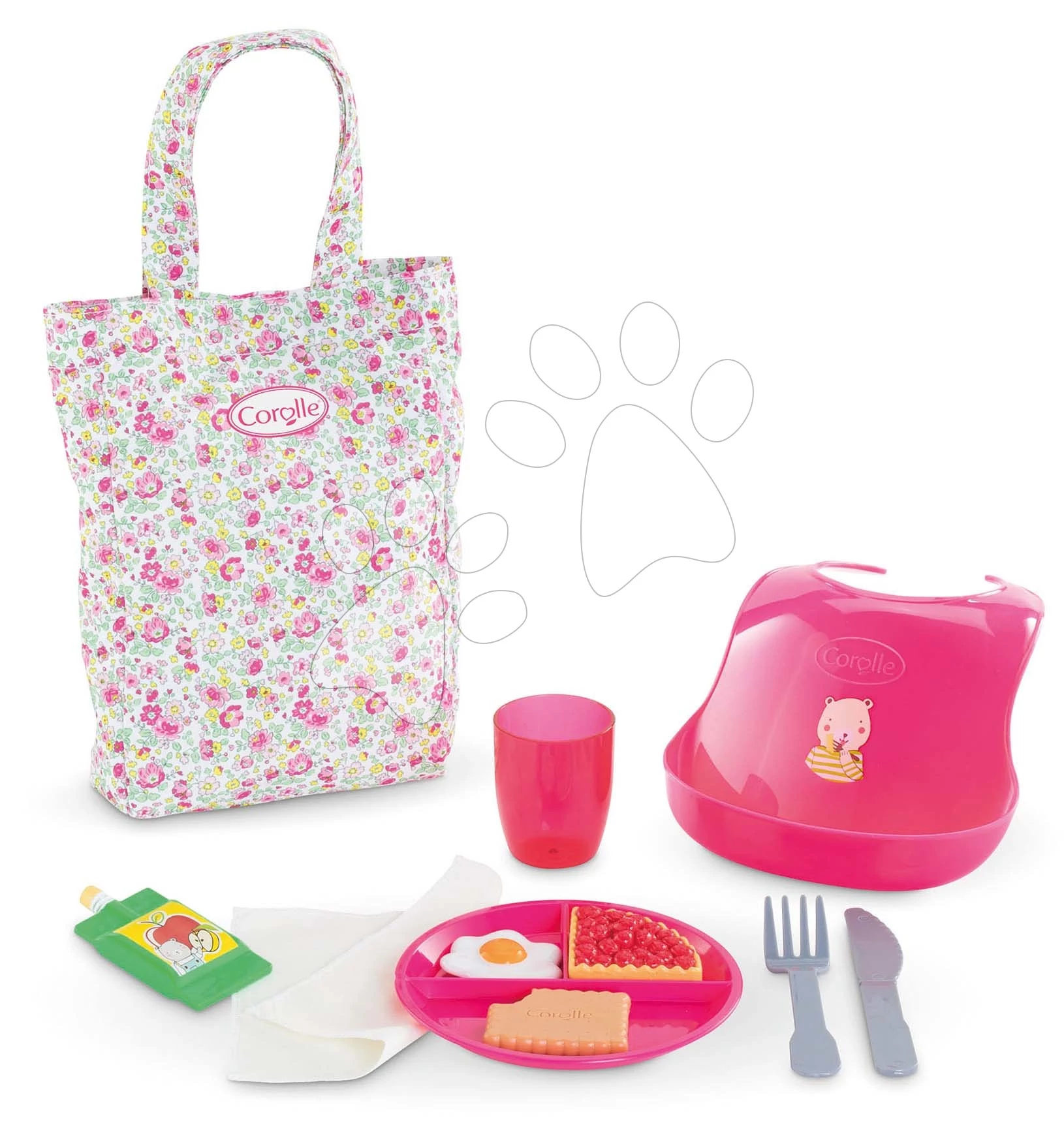Ebédkészlet táskában előkével Large Meal Set Corolle 36-42 cm játékbabának 11 kiegészítővel 24 hó-tól