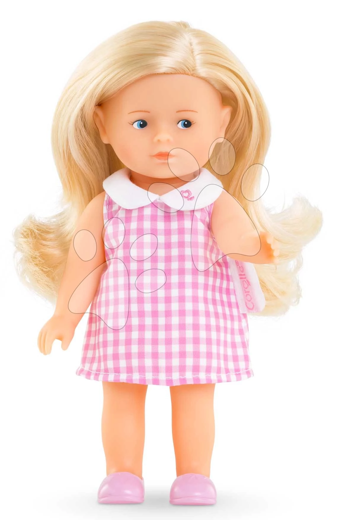 Játékbaba Mini Corolline Rosy Corolle hosszú szőke haj kék szemek és rózsaszín ruha 20 cm CO240150