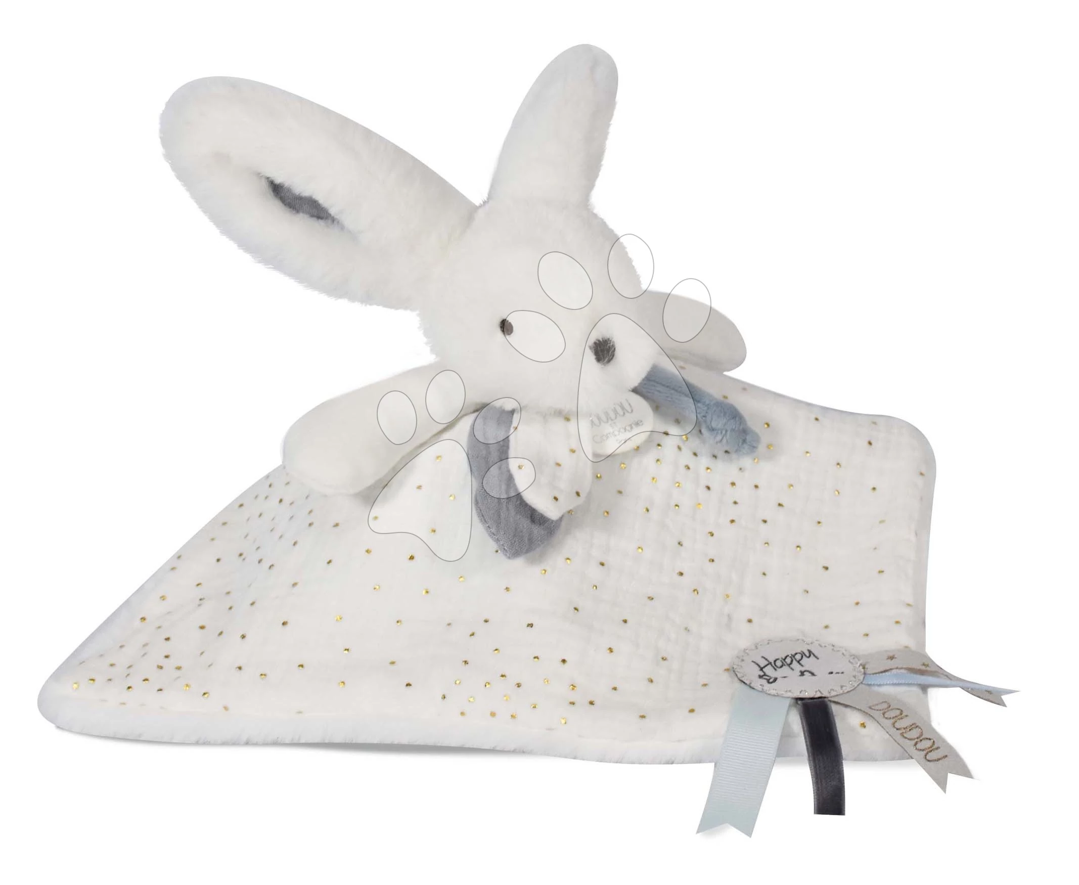 Plyšový zajačik na maznanie Bunny Happy Glossy Doudou et Compagnie modrý 25 cm v darčekovom balení od 0 mes DC3742