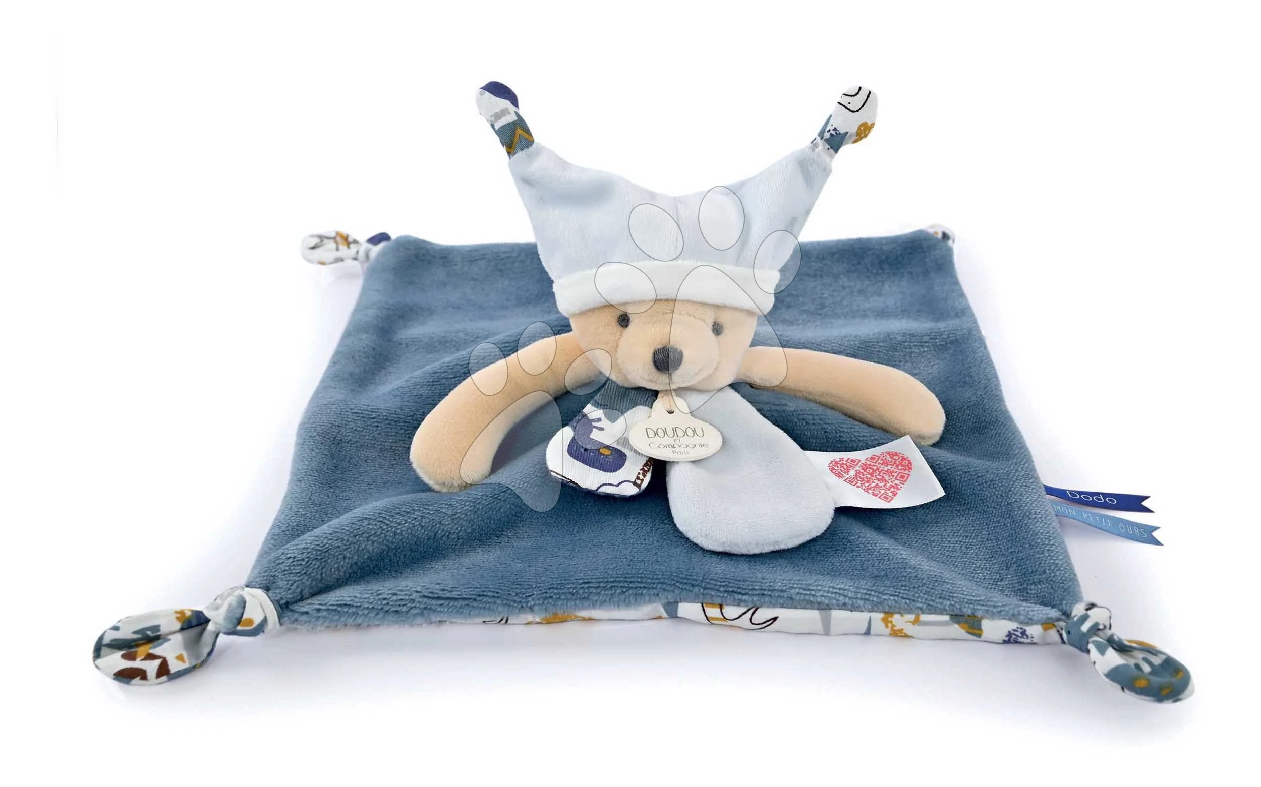 Plyšový medvedík na maznanie Bear Blue Flat Comforter Doudou et Compagnie s QR kódom na rozprávky modrý 25 cm od 0 mes DC4059
