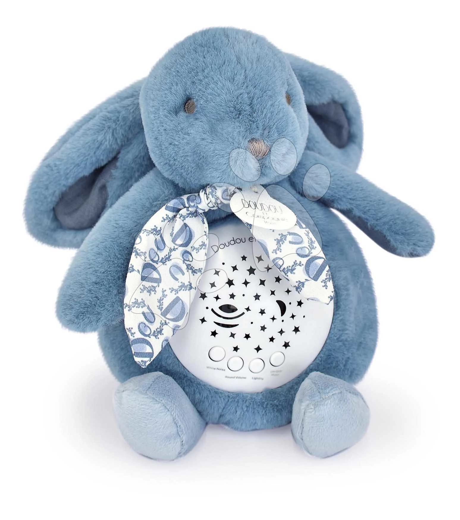 Plüss nyuszi Musical Night Light Star Projector Blue Doudou et Compagnie fénnyel zenével és fehér zajjal kék 16 cm 0 hó-tól DC4201