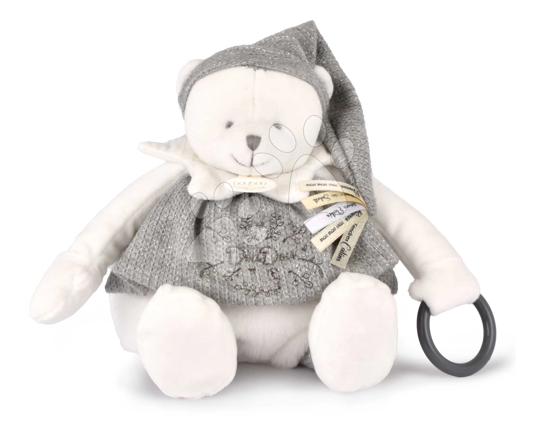 Plüss mackó dédelgetésre Dodou 25 Ans Activity Puppet Silver Doudou et Compagnie ezüst 30 cm 0 hó-tól DC4338