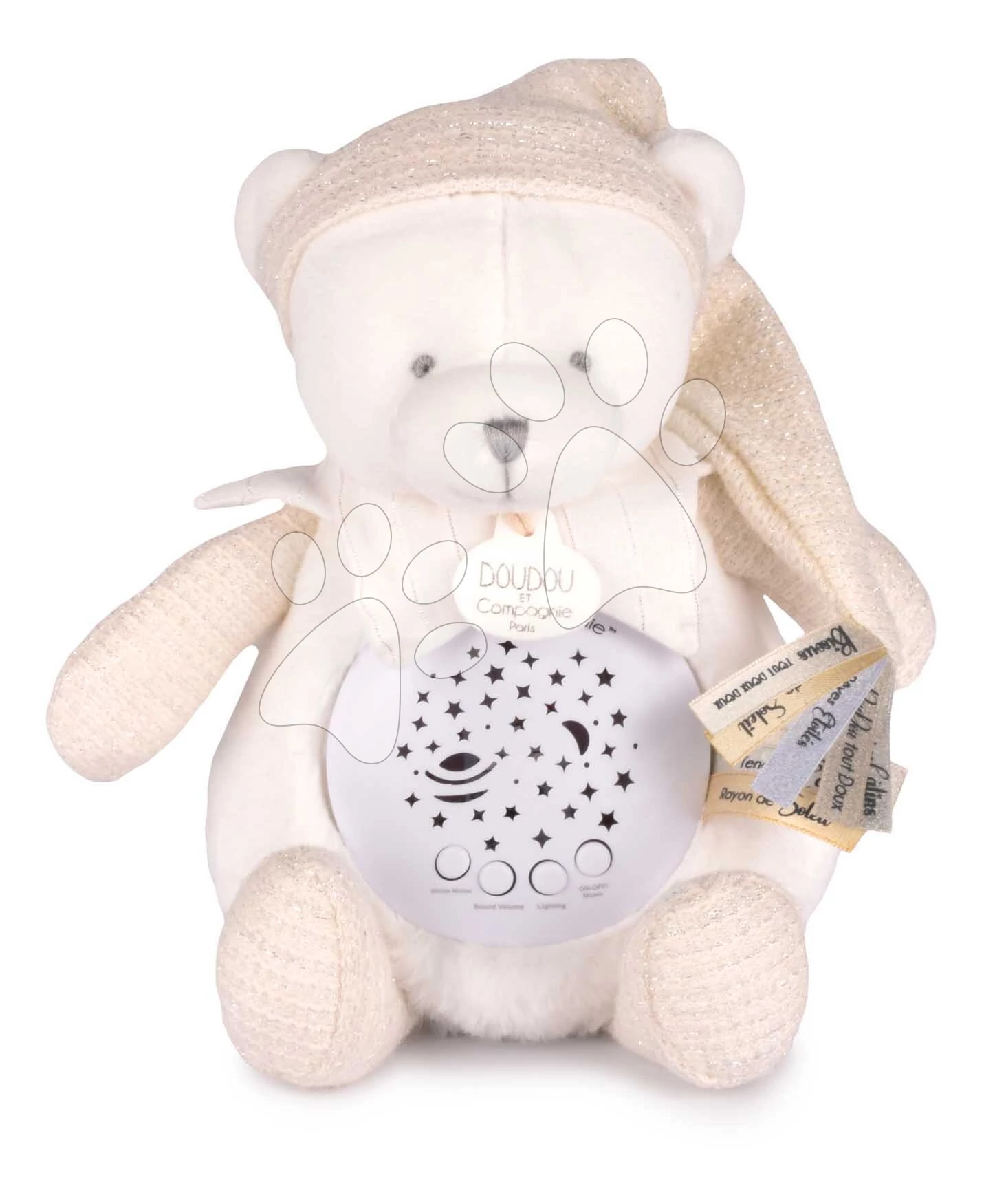Plüss mackó Doudou 25 Ans Musical Night Light Star Projector White Doudou et Compagnie fénnyel zenével és fehér zajjal fehér 19 cm 0 hó-tól DC4580