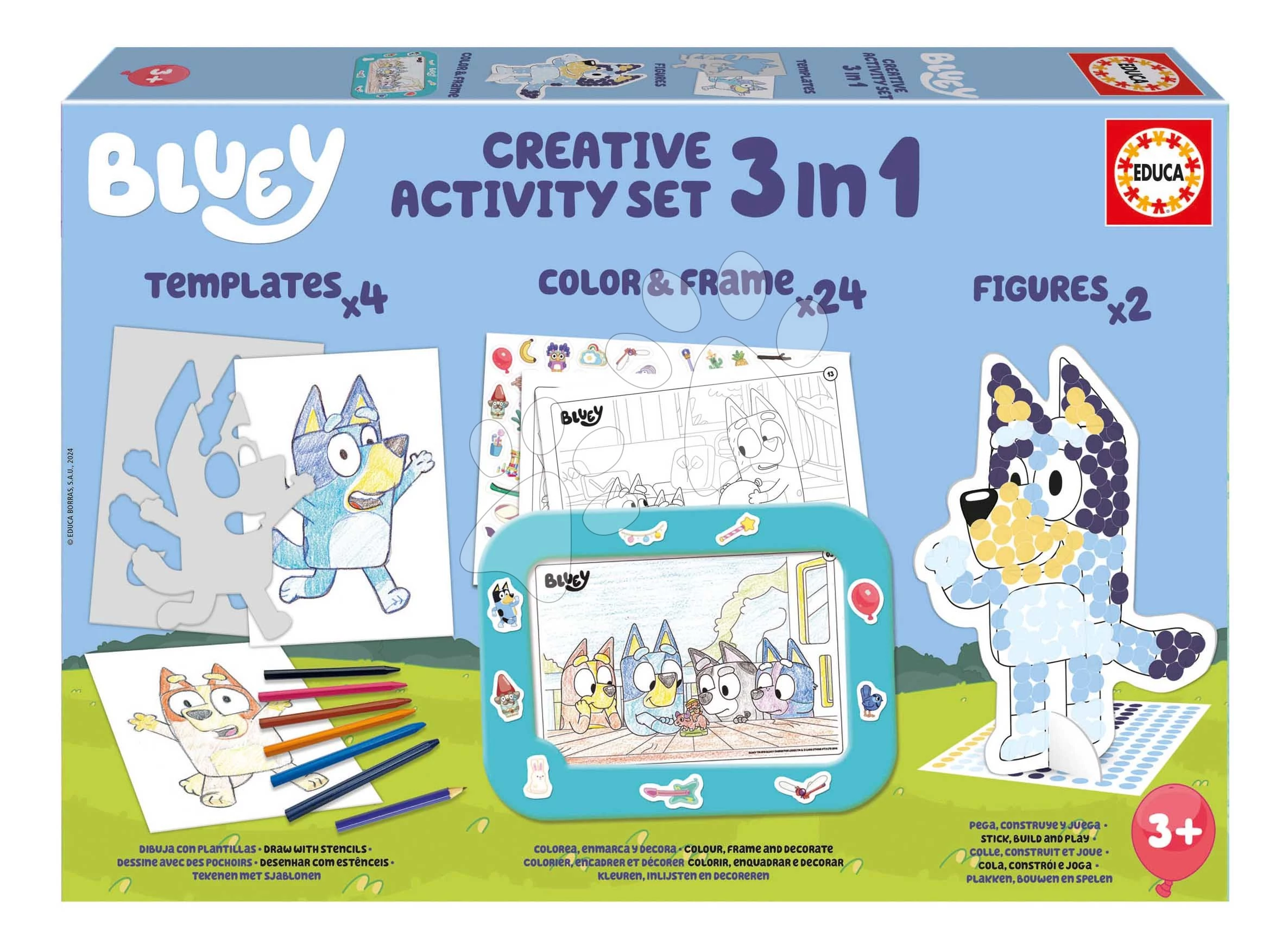 Kreatív rajzolás táblagéppel Colour & Frame Bluey Activity Set Educa színezd ki kutyusodat 24 sablonnal matricával 6 zsírkrétával 3 évtől EDU19887