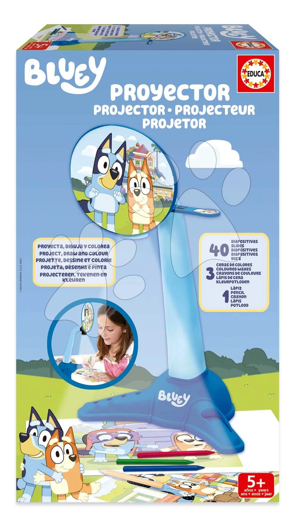 Képek rajzolása LED lámpás projektorral Bluey Projector Educa 40 dia képekkel 5 évtől EDU20109