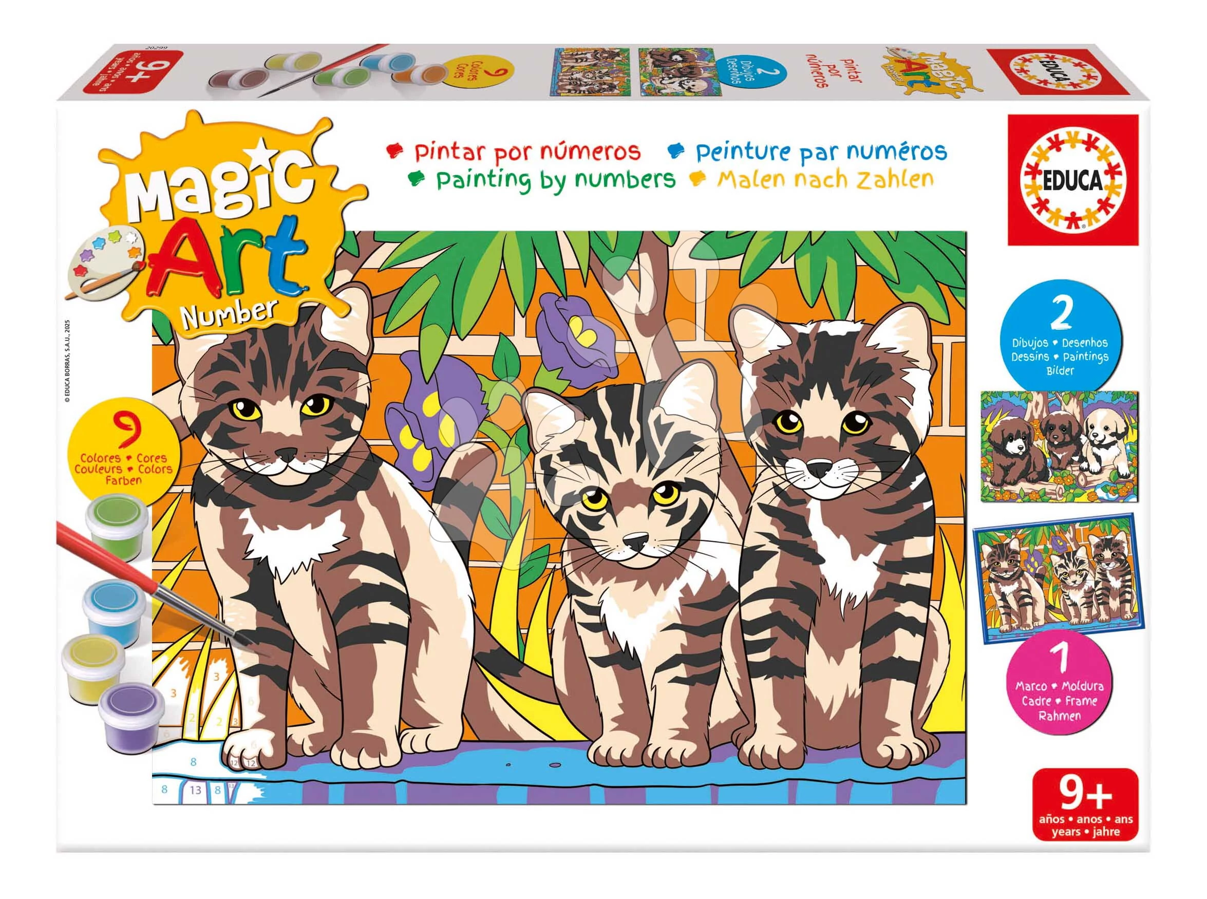 Festés számok szerint Kutyusok és cicák Magic Art Number Cats & Dogs Educa 2 kép kerettel és 9 szín ecsettel és palettával 9 évtől