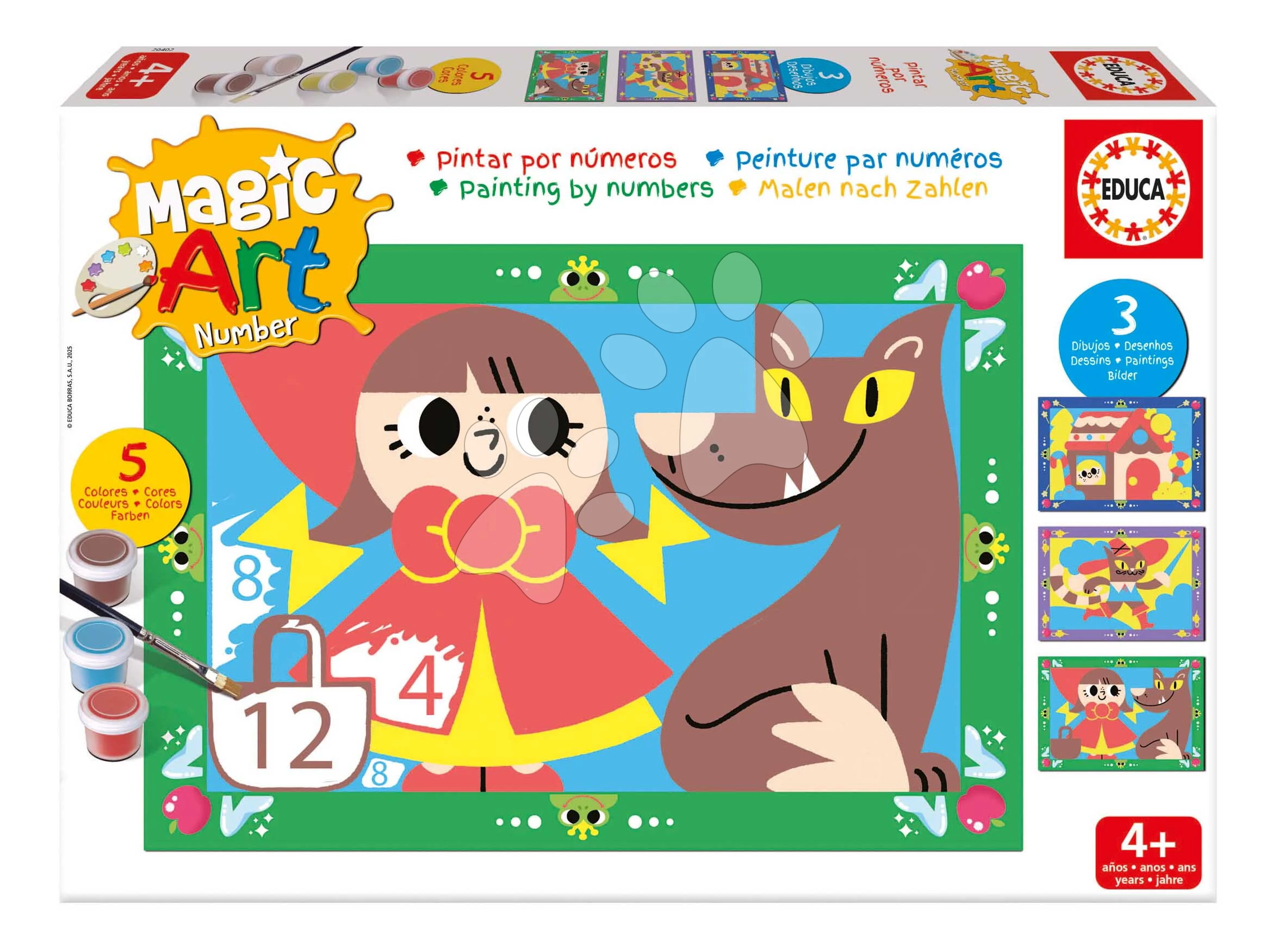 Festés számok szerint Klasszikus mesék Magic Art Number Classic Tales Educa 3 kép 5 festékkel ecsettel és palettával 4 évtől