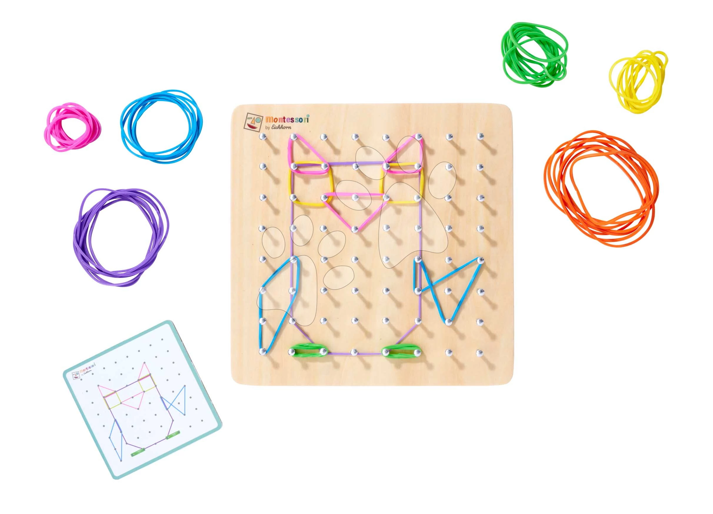 Fa geometriai formatábla szögekkel Montessori Geo Board Eichhorn 60 színes gumival és 24 feladatkártyával 4 évtől EH6050