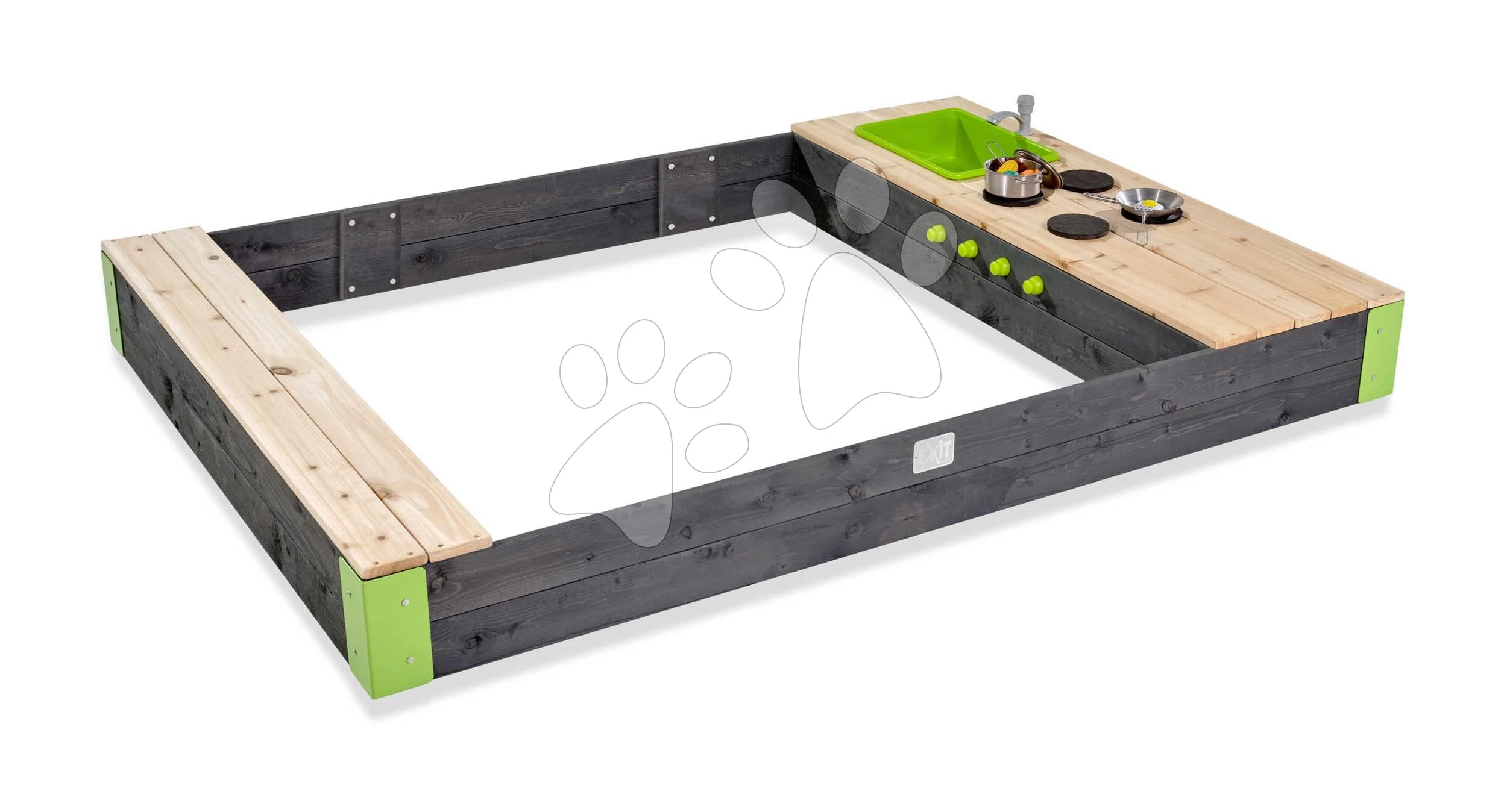 Homokozó konyhával folyó vízzel Aksen Wooden Sandpit Exit Toys térfogata 440 kg konyhai kiegészítőkkel 200*140 cm 3 évtől
