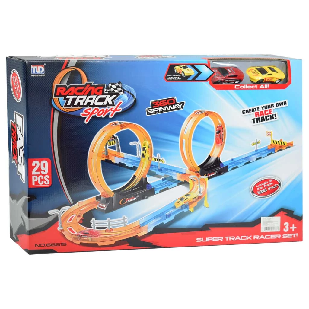 Racing Track 29db-os versenypálya szett 360 fokos hurkos kanyarokkal és 2db hátrahúzható kisautóval 1/64