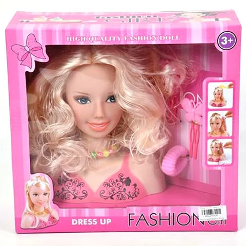 Szőke hajú fésülhető babafej hajtűvel és hajgumival