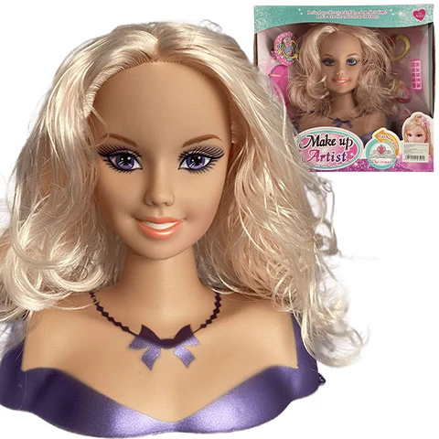 Fésülhető szőke hosszúhajú babafej hajdíszekkel és kiegészítőkkel