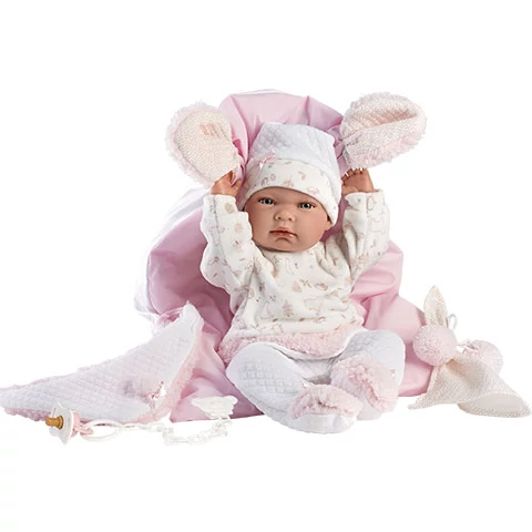 Llorens: Nica 40cm-es újszülött lány baba rózsaszín párnával, cumival és 5db különböző ruhával