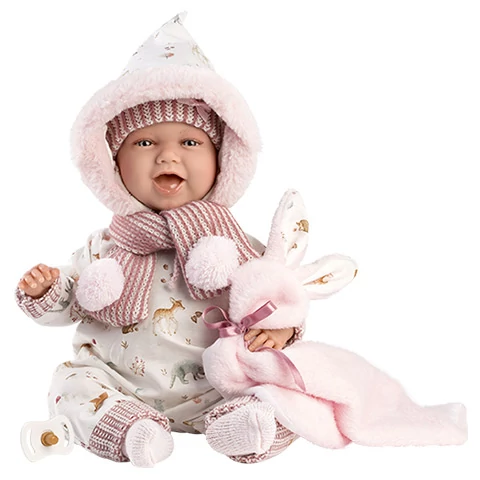 Llorens: Újszülött nevető lány baba nyuszis babatakaróval, cumival 40cm