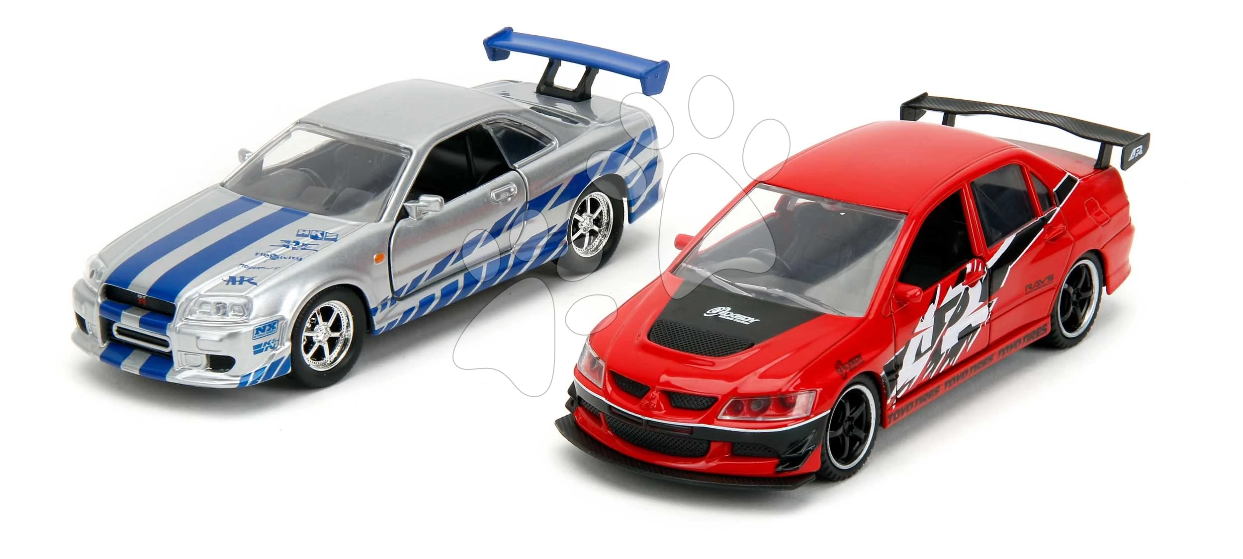 Autíčka Mitsubishi Lancer Evolution IX a Nissan Skyline GTR R34 Fast & Furious Twin Pack Jada kovové s otvárateľnými dverami dĺžka 12 cm 1:32 JA3202019