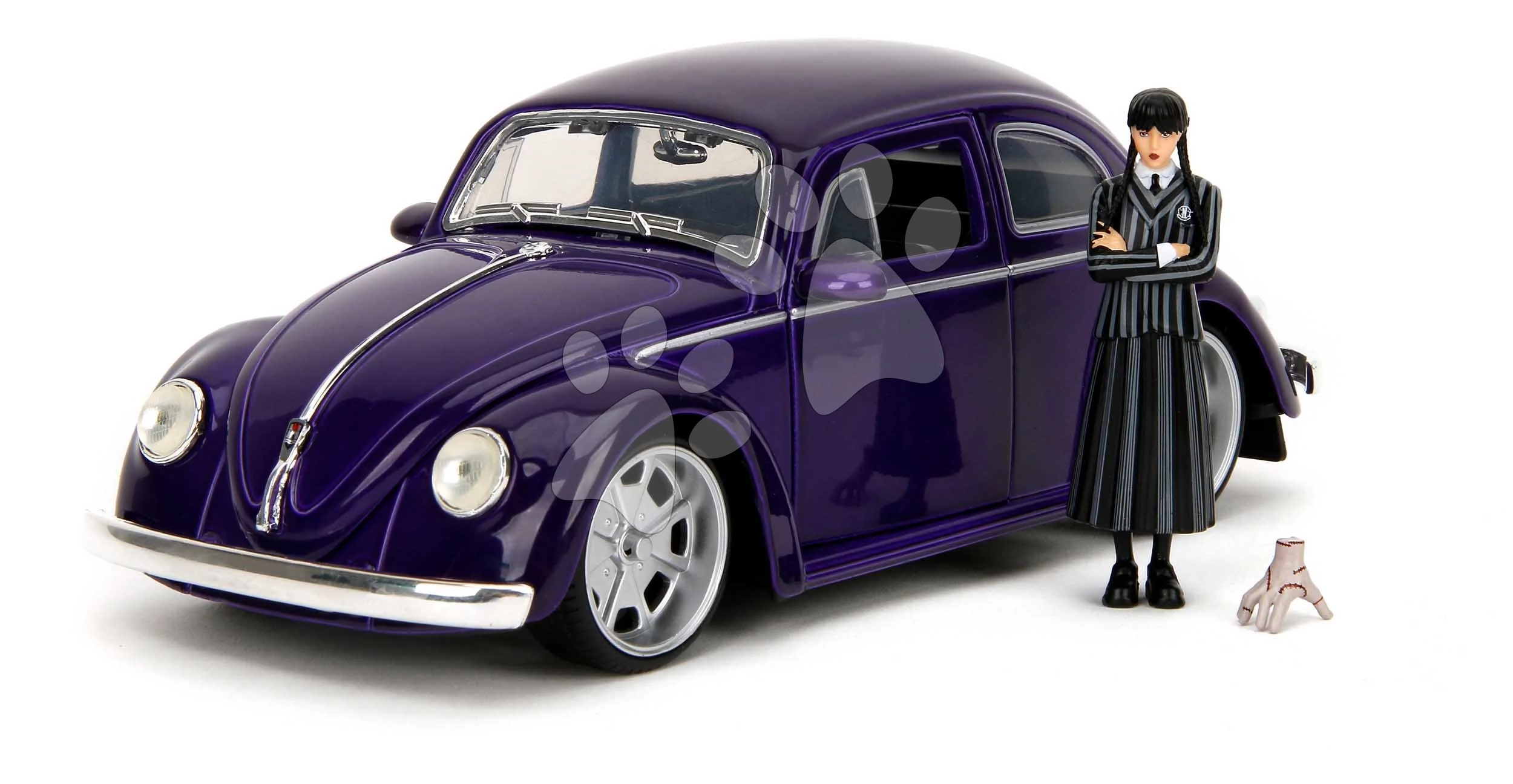 Autíčko Volkswagen Beetle Hollywood Rides Jada kovové s otvárateľnými dverami a figúrkou Wednesday 1:24 JA3255076