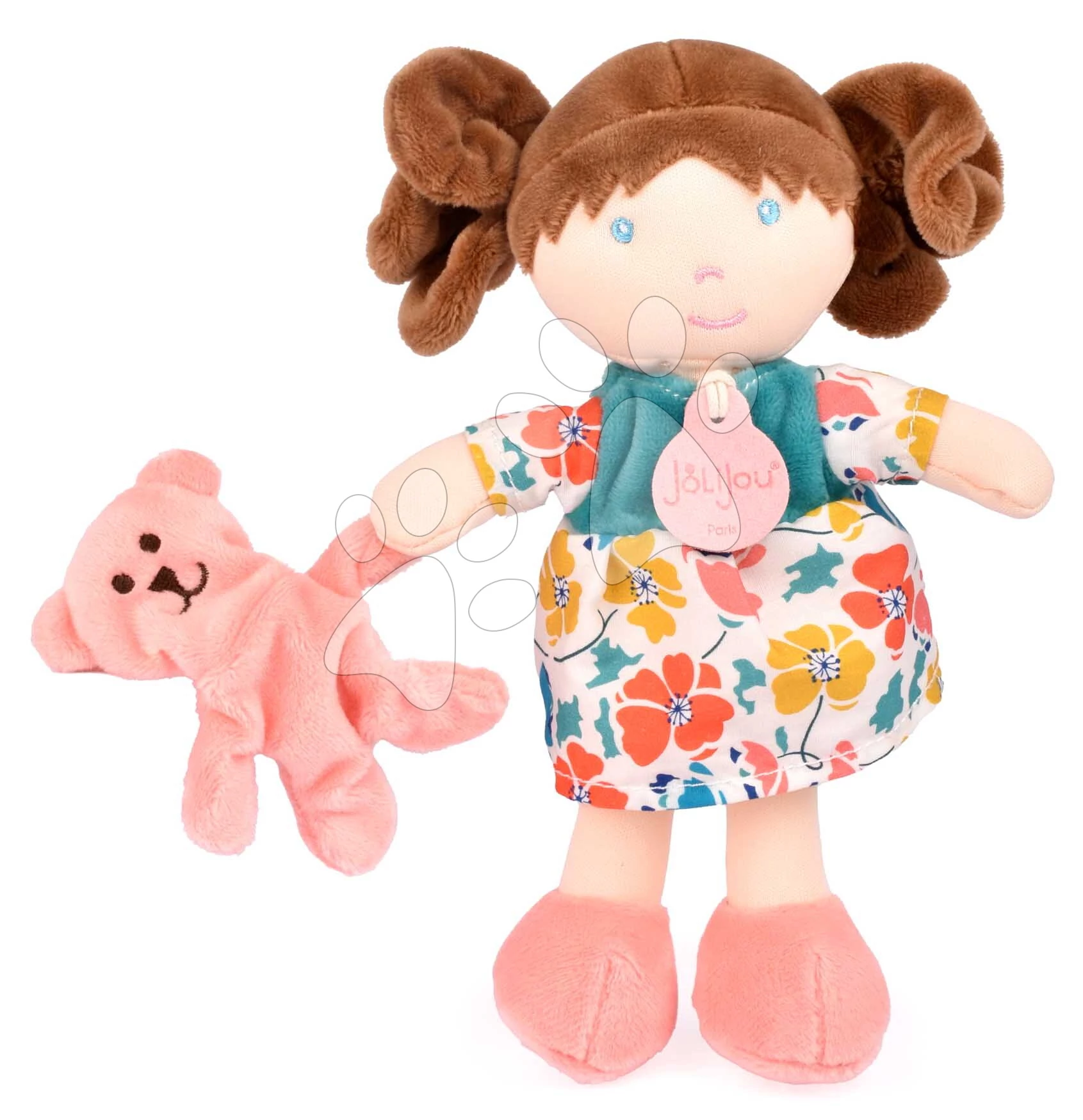 Rongybaba kisbabáknak Mrs Petunia My First Doll Jolijou 20 cm mintás ruciban kutyussal puha textilből 0 hó-tól JJ6062