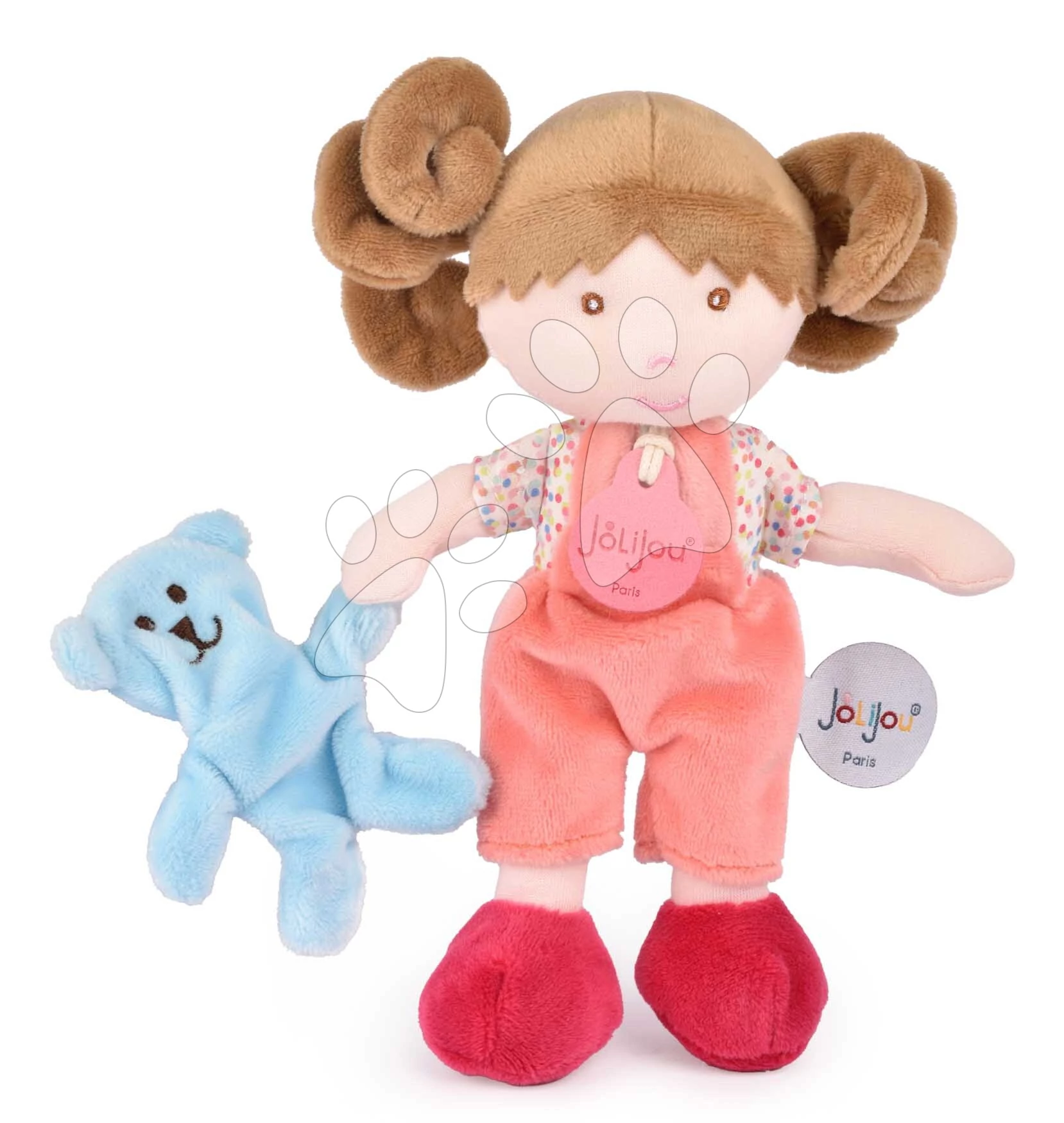 Rongybaba kisbabáknak Mrs Confettis My First Doll Jolijou 20 cm overálban kutyussal puha anyagból 0 hó-tól JJ6063