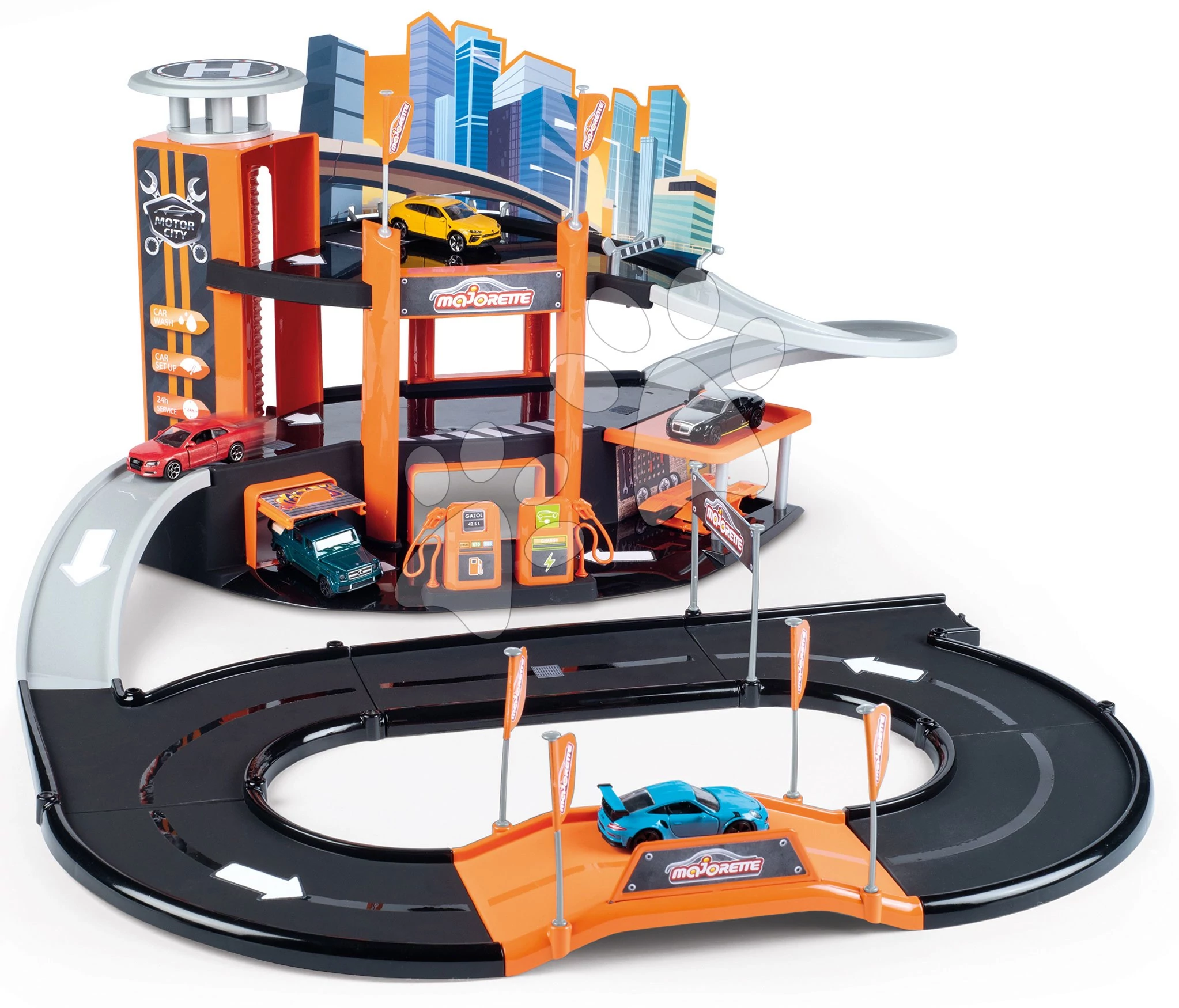 Garáž 3 poschodová s výťahom Garage Motor City Plus Majorette s rampou autodielňou a 1 autíčko od 3 rokov MJ2058213
