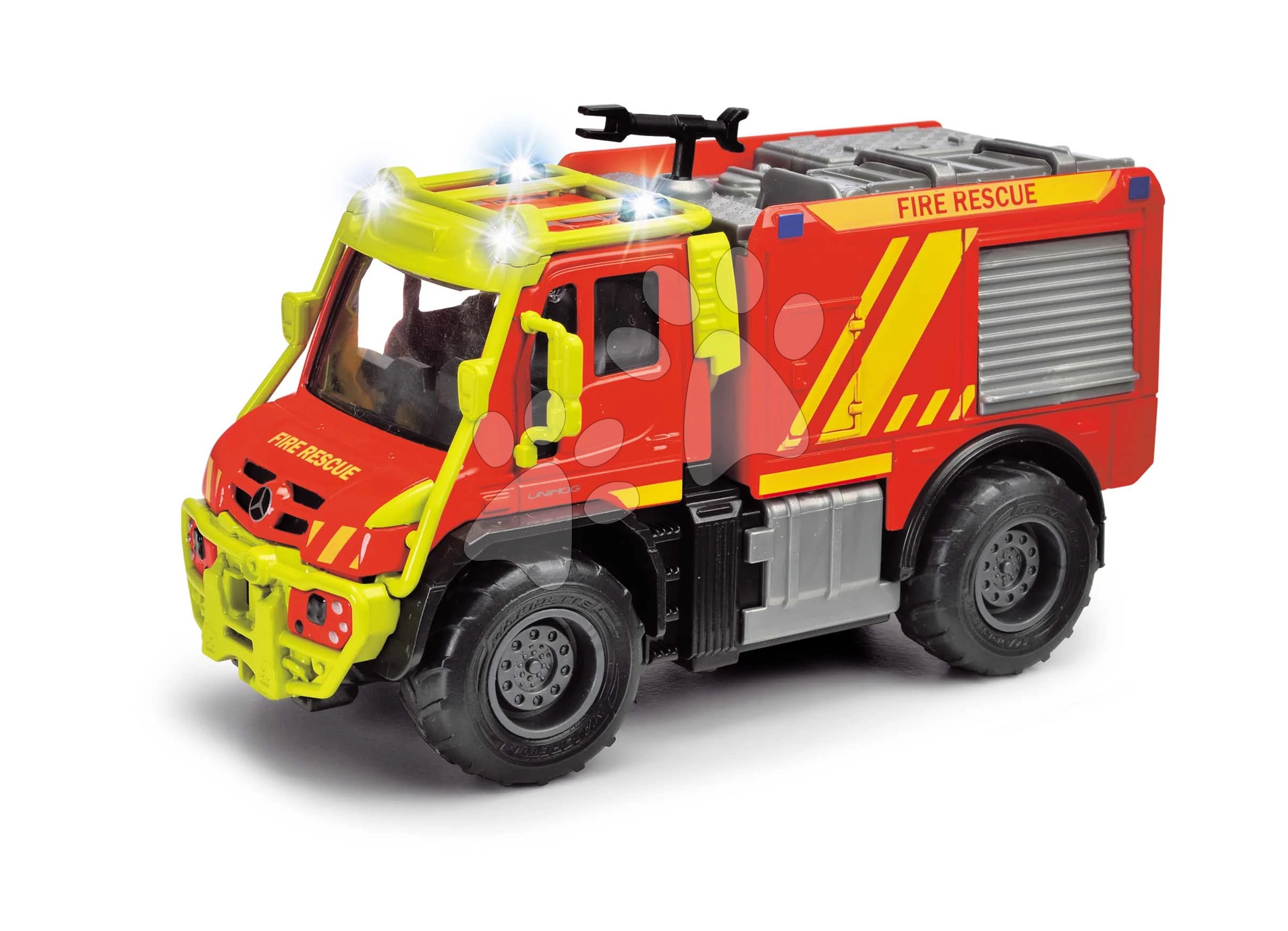 Tűzoltókocsi Unimog U530 Fire Truck Majorette hanggal fénnyel és gumi kerekekkel 14 cm hosszú