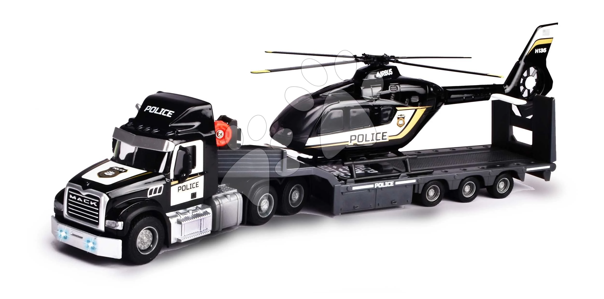 Vontató platóval és rendőrségi helikopter Mack Truck Police Helicopter Majorette hanggal fénnyel gumi kerekekkel 35 cm hosszú