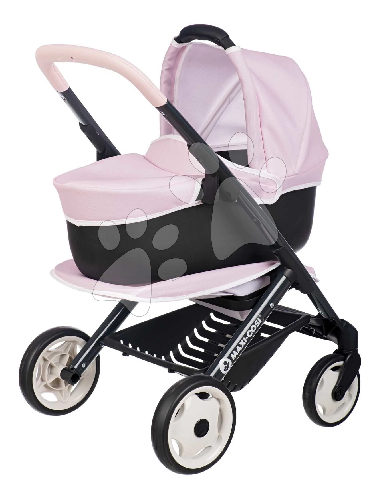Kombinált babakocsi Puschair Pink Maxi Cosi&Quinny Smoby mály sportos és horodzható mózeskosár 42 cm játékbabának 64 cm tolókarral