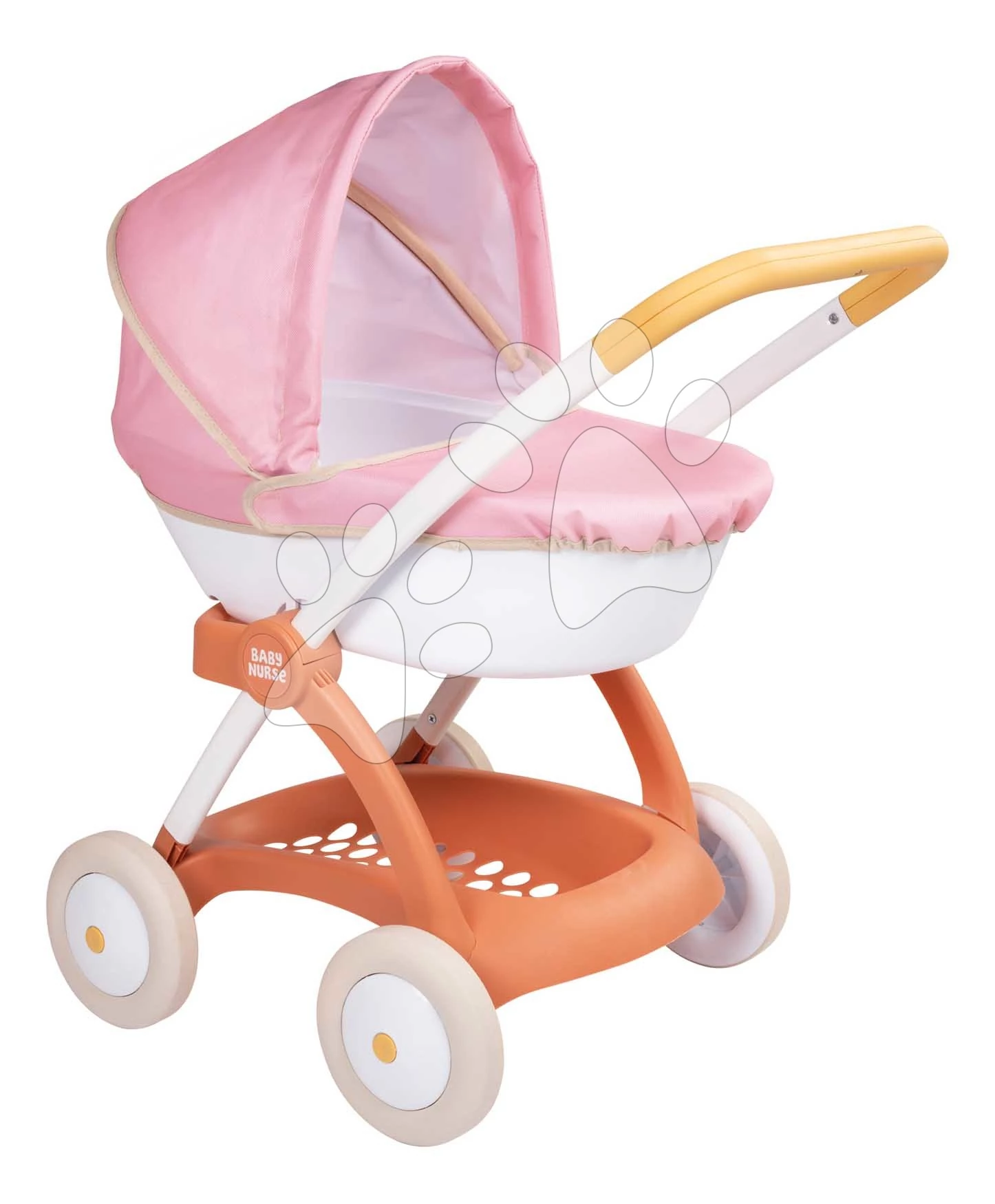 Mély babakocsi textil huzattal Pram Soft Baby Nurse Smoby 42 cm játék babának 58 cm magas tolókarral 18 hó-tól