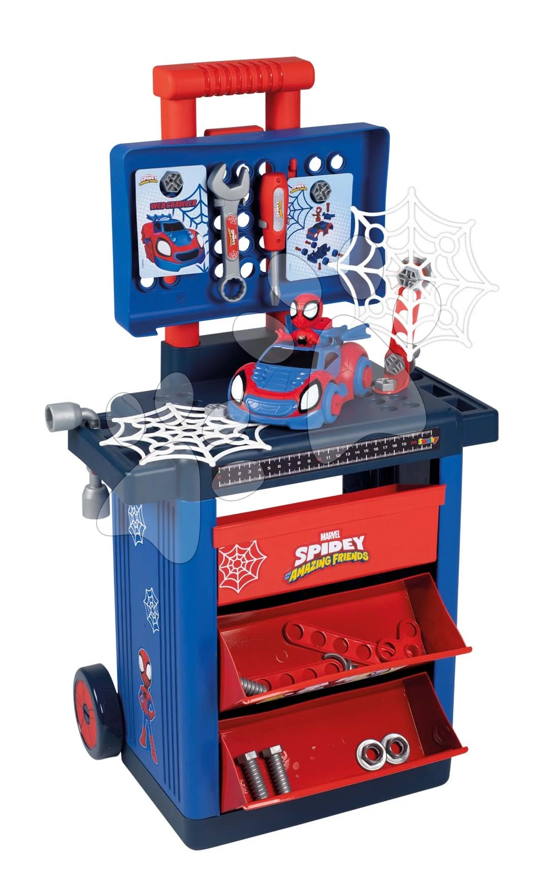 Szerelőműhely kerekeken Spidey Diy Trolley Marvel Smoby kisautóval figurával és 45 kiegészítővel SM360214
