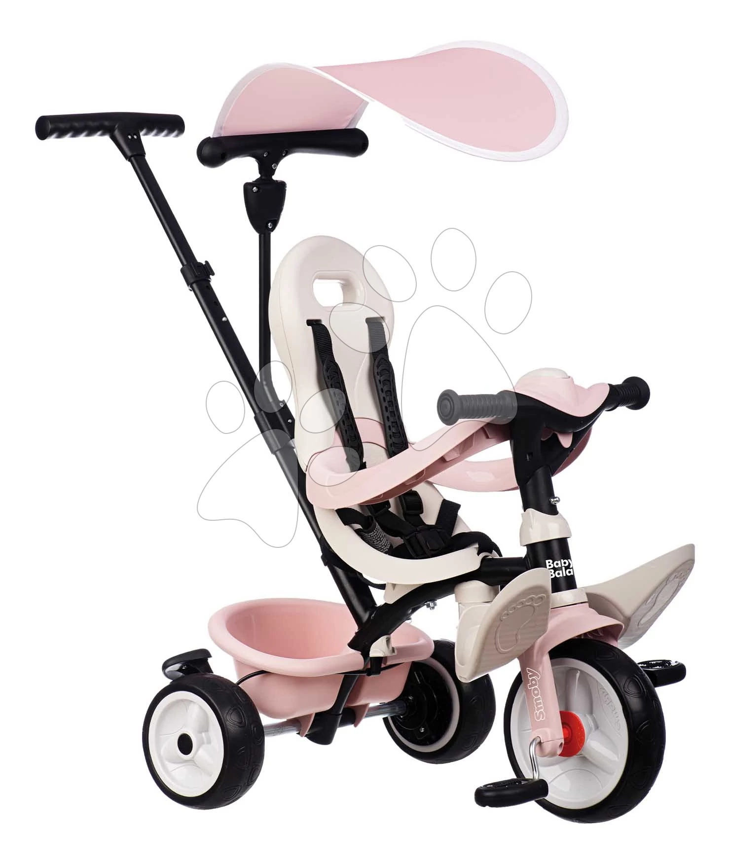 Tricikli és babakocsi egyben magas háttámasszal Baby Balade Tricycle Pink Smoby napellenzővel fékkel és halk EVA kerekekkel rózsaszín 10 évtől SM741404
