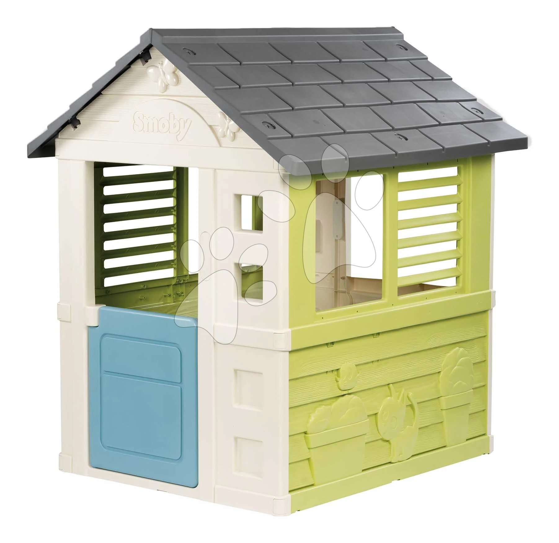 Házikó felezett ajtóval Jolie Playhouse Life Smoby zöld-kék 3 ablakkal és 2 árnyékolóval UV védelemmel 24 hó-tól - 2025 modell SM810737