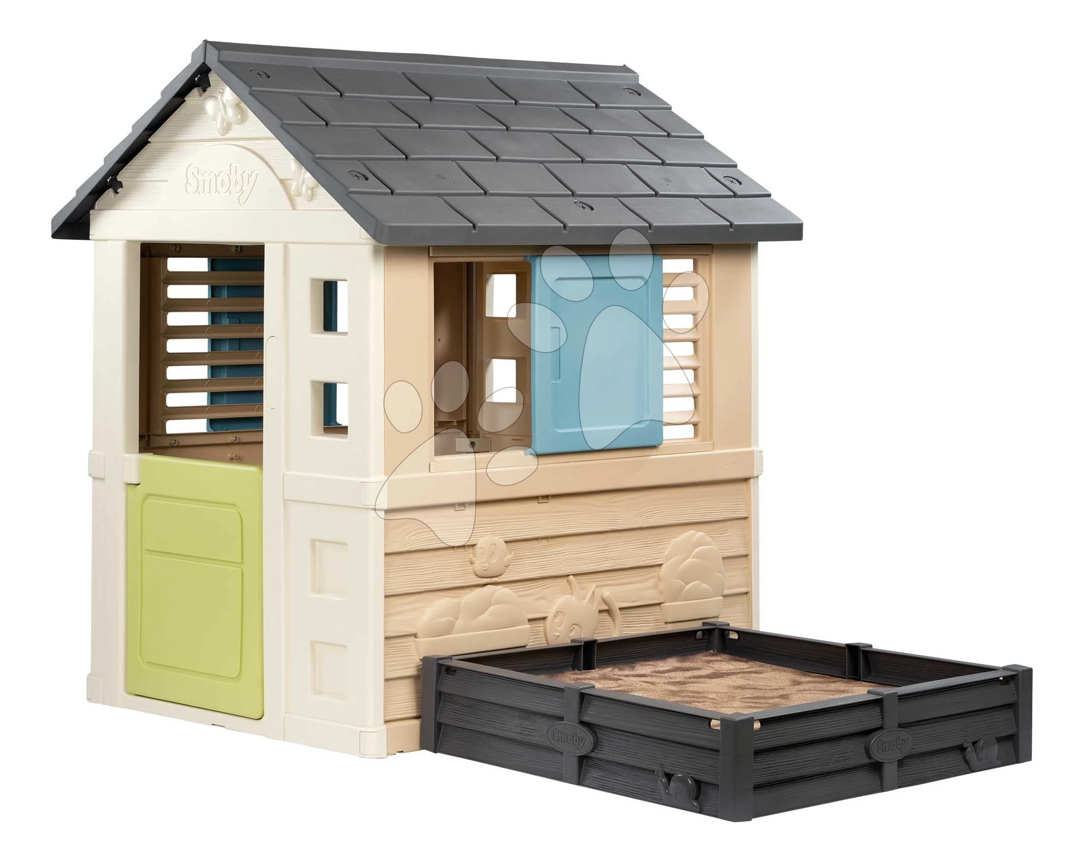 Házikó homokozóval és kerttel 2in1 Square Playhouse Life Smoby 3 ablakkal 2 árnyékolóval és zsalugáterrel UV védelemmel 24 hó-tól - 2025 modell