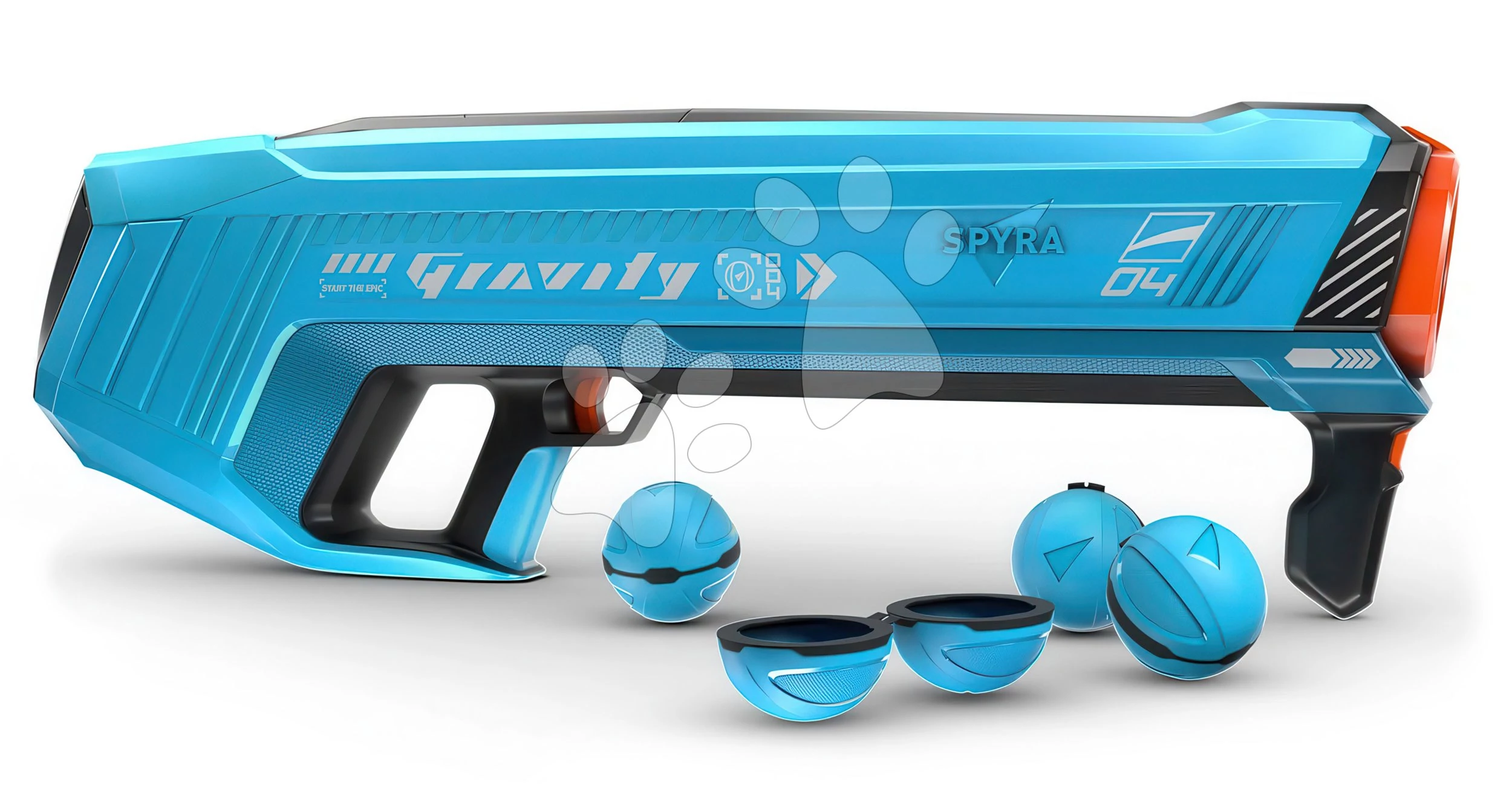 Vodný granátomet s farebným LED displejom SpyraGravity Blue Spyra s integrovanou batériou s USB-C nabíjaním a 4 vodné granáty s dostrelom 16 m SPGR1B